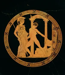 Rotfigurige Tasse, die Athena, Theseus und den Minotaurus darstellt